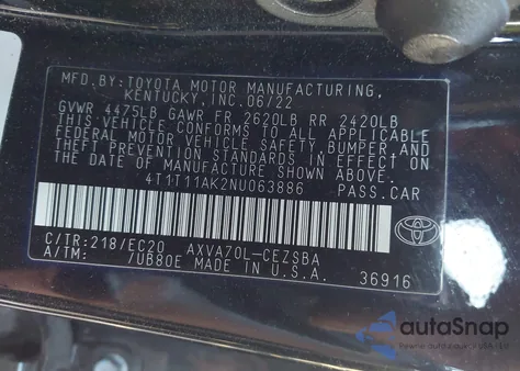 2022 Toyota Camry Se Nightshade Edition из США, поврежденный, VIN 4T1T11AK2NU063886